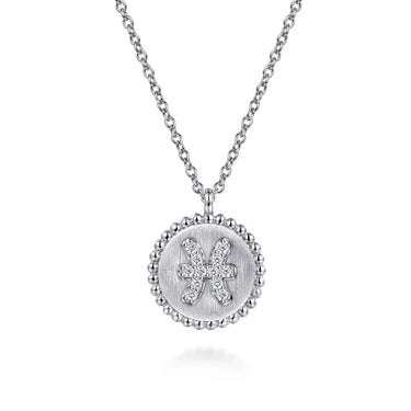 Silver Pisces zodiac pendant necklace with round diamond accents on a cable chain