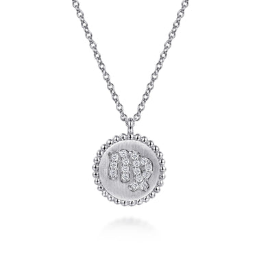 Sterling silver Virgo zodiac pendant necklace with diamond accents on a cable chain
