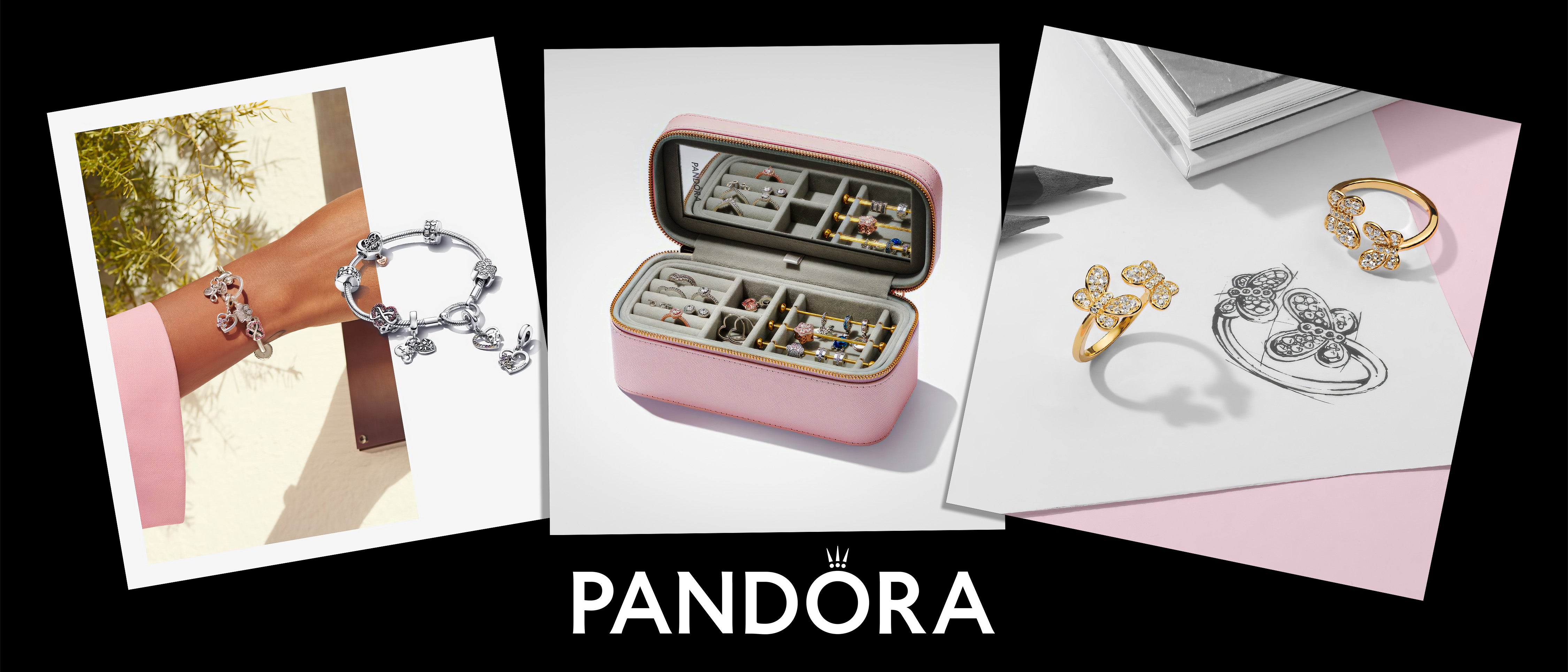 Silver charm bracelet on wrist, pink jewelry box, gold butterfly ring, Pandora logo