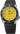 Seiko automatic watch with yellow dial, black bezel, day-date display, and black silicone strap