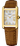 Gold rectangular Seiko watch with Roman numeral dial and brown leather strap