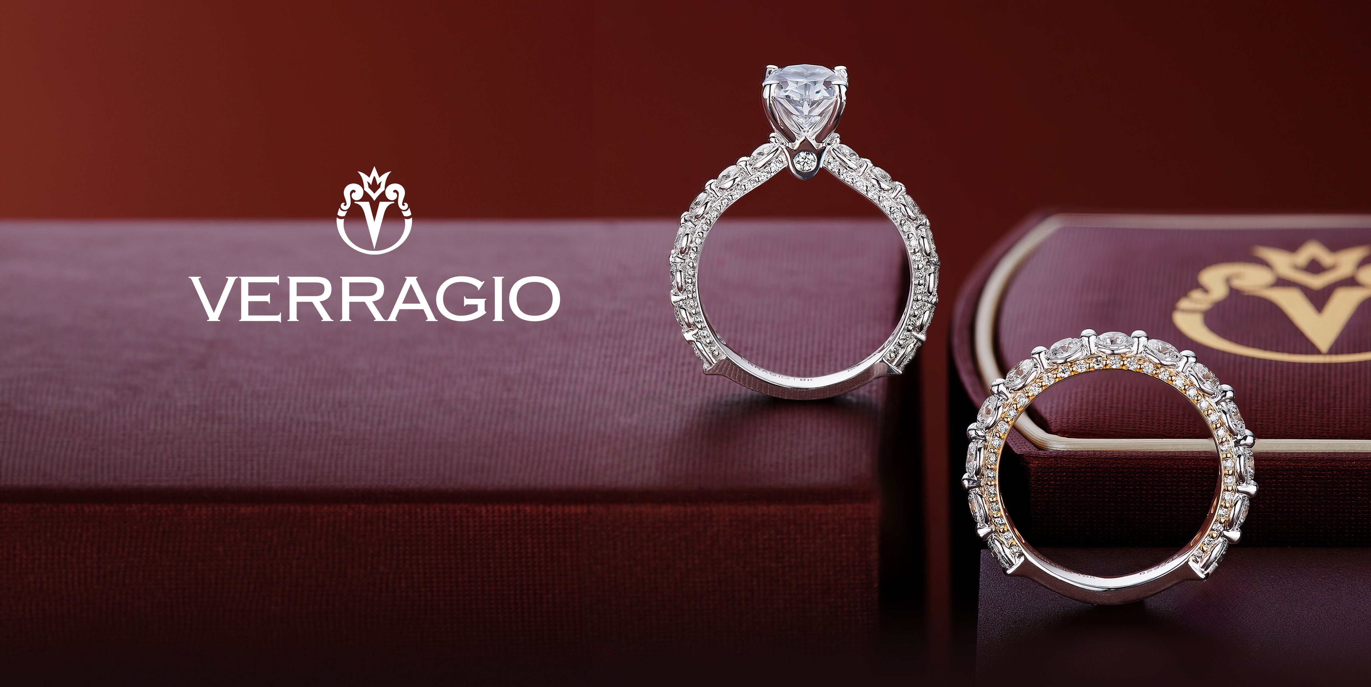 Diamond engagement ring and matching band on red jewelry box with Verragio logo