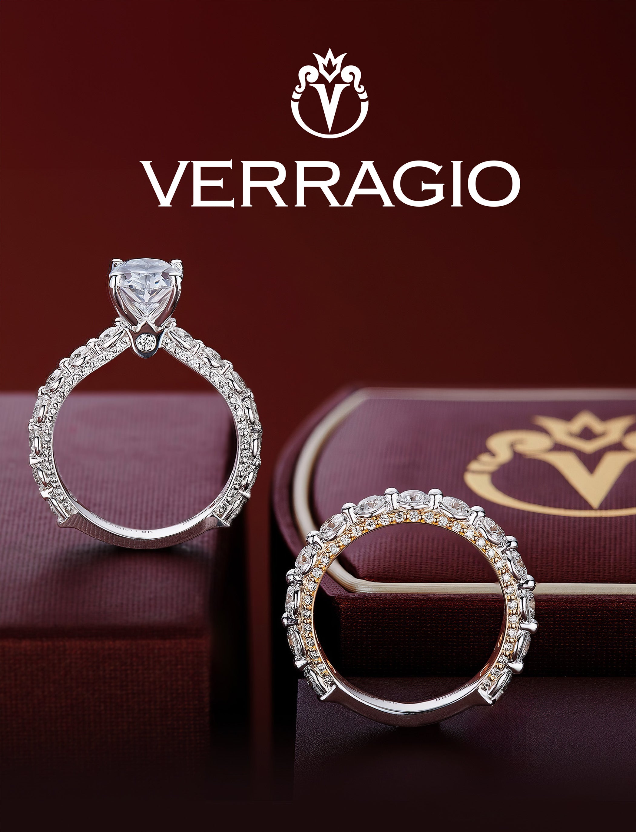 Verragio diamond engagement rings with intricate detailing on red jewelry boxes