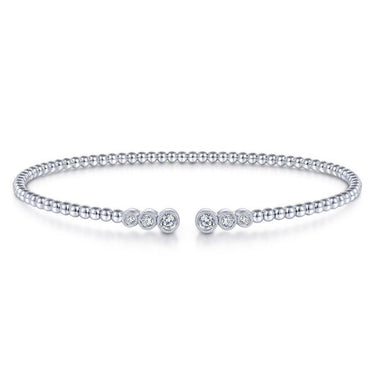 White gold beaded open bangle bracelet with round bezel-set diamond accents