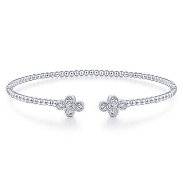 White gold open cuff bracelet with beaded band and diamond floral accents