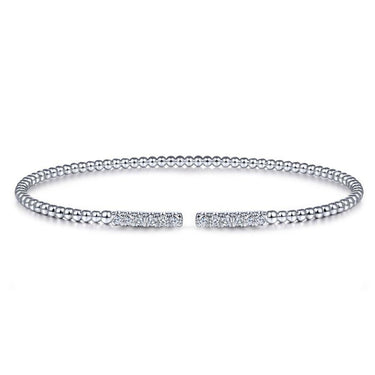 White gold beaded cuff bracelet with diamond accents on open ends, minimalist design