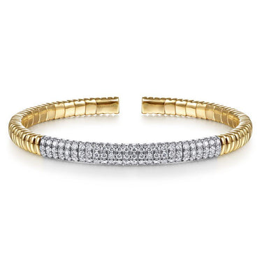Yellow gold cuff bracelet with pavé diamond center, luxury women's fashion jewelry