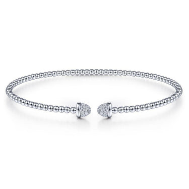 Beaded silver cuff bracelet with pavé diamond accents on each end, fashion jewelry