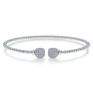 White gold beaded cuff bracelet with diamond pavé cushion ends, fine jewelry product photo