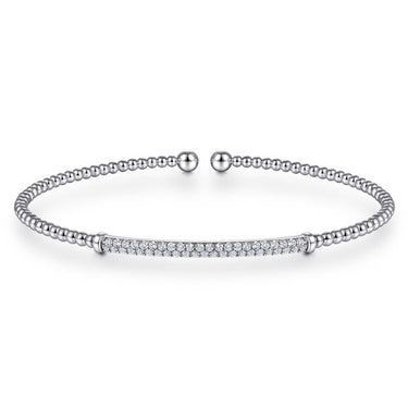 Sterling silver beaded bangle bracelet with pavé diamond bar on white background