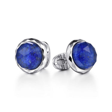 Men's silver cufflinks with faceted round blue gemstone center on white background
