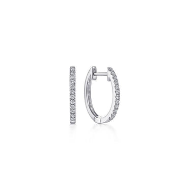 Pair of white gold hoop earrings with pave-set round diamonds on a white background.