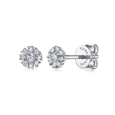 White gold cluster diamond stud earrings with round brilliant stones on white background