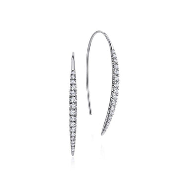 White gold diamond threader earrings with pave setting on white background