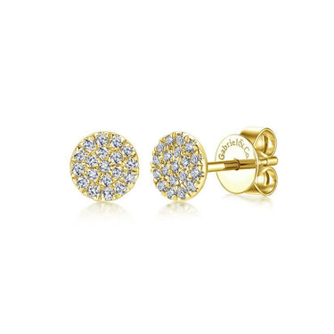 Yellow gold round stud earrings with pavé diamonds, butterfly backs, on white background