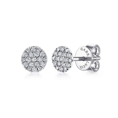 Round diamond cluster stud earrings in white gold on white background