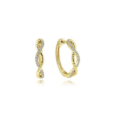 Yellow gold twisted diamond hoop earrings with an infinity design on white background