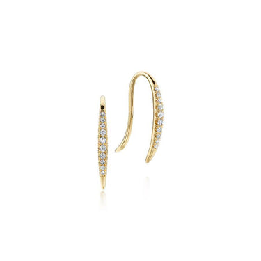 Pair of gold diamond climber earrings on white background, modern curve design, fashion jewelry