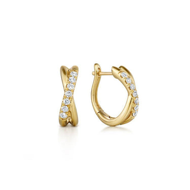 Yellow gold hoop earrings with crisscross design and row of round diamonds