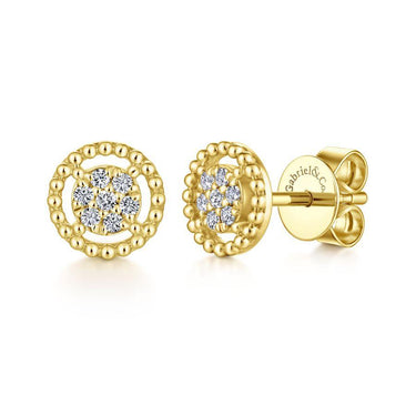 Yellow gold beaded stud earrings with round diamond cluster design
