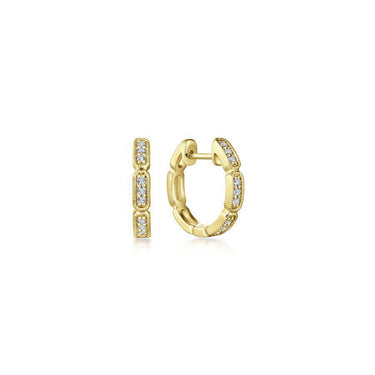 Yellow gold hoop earrings with rectangular diamond accents on a white background
