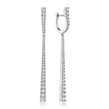 Elegant long drop earrings with pavé diamonds in white metal, displayed on a white background.