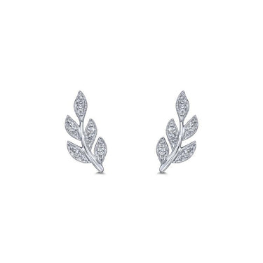 Leaf-shaped diamond fashion earrings in white gold on white background