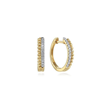 Yellow gold hoop earrings with a row of diamonds and beaded detailing