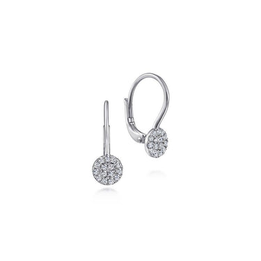 White gold leverback earrings with round diamond pavé halo design on white background