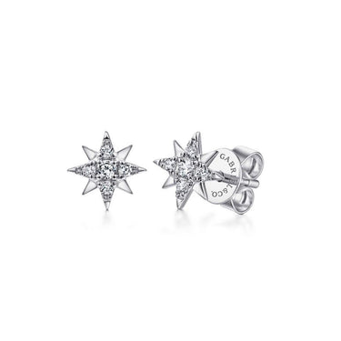 White gold star-shaped diamond stud earrings on white background