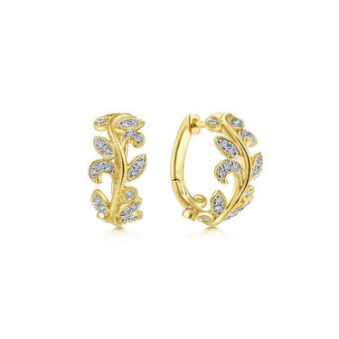 Yellow gold hoop earrings with diamond leaf design, fashion jewelry on white background
