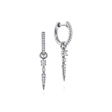White gold dangle hoop earrings with pavé-set diamonds and spike accents, bridal jewelry