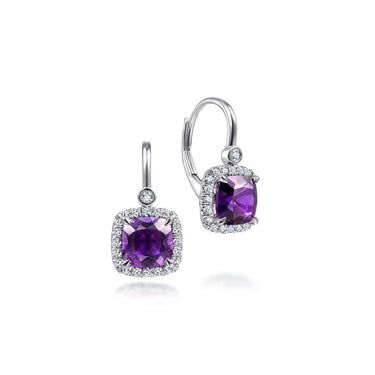 Cushion-cut amethyst and diamond halo dangle earrings in white gold