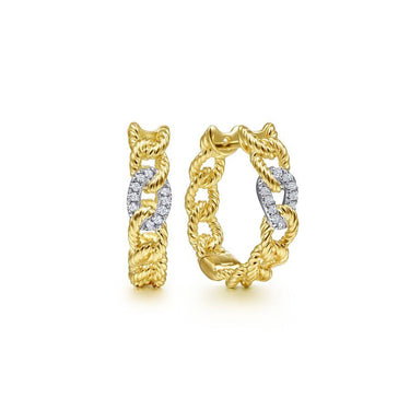 Yellow gold rope hoop earrings with diamond-accented links on white background