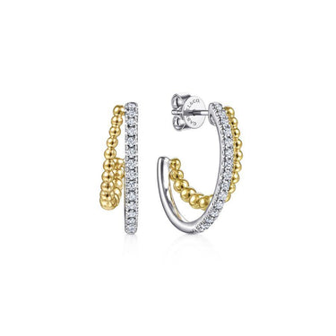 Two-tone hoop earrings with yellow gold beaded detail and pavé diamonds on white gold