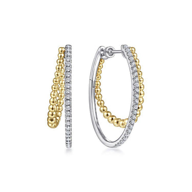 Two-tone gold and diamond hoop earrings with beaded yellow gold and pavé diamonds