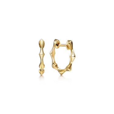 Polished yellow gold hoop earrings with modern geometric bamboo design on white background.