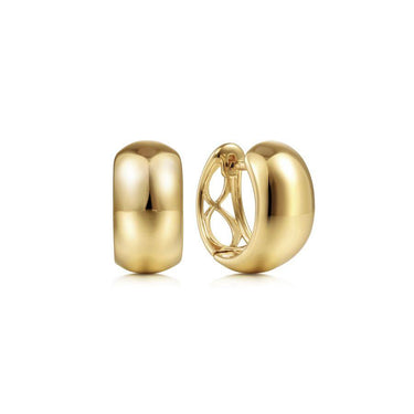 Pair of polished yellow gold huggie hoop earrings with smooth, rounded finish