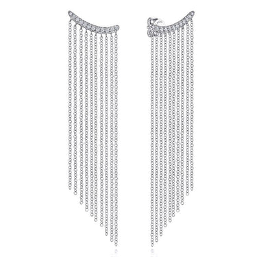 Sterling silver dangle earrings with cascading chain fringe and pavé-set stones.