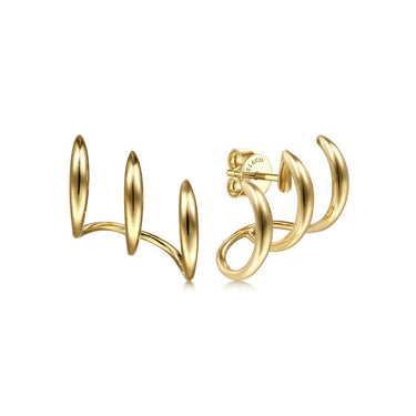 Pair of spiral gold fashion earrings with a modern, three-band design on white background