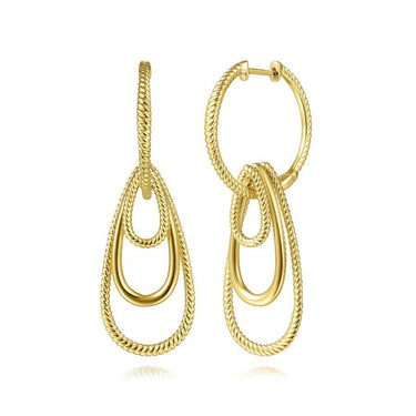 Yellow gold hoop earrings with textured double teardrop dangle design on white background.