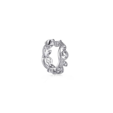 White gold ring with intricate leaf and vine design, accented by small round diamonds.