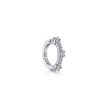 White gold hoop earring with round diamond accents on a white background