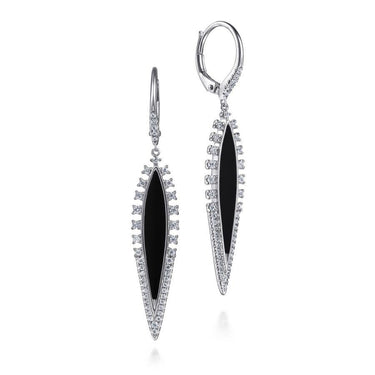 Elegant marquise-shaped drop earrings with black center stones and diamond accents on white gold.