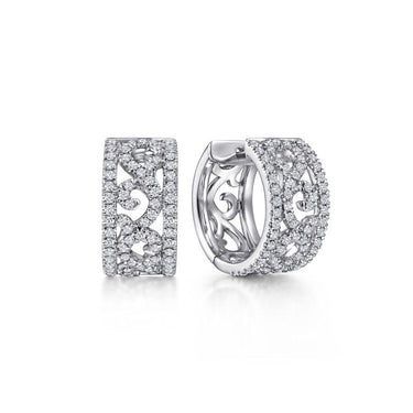 White gold diamond huggie earrings with filigree scroll pattern and pavé setting
