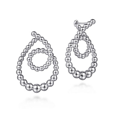 Sterling silver beaded teardrop dangle earrings with spiral design on white background.