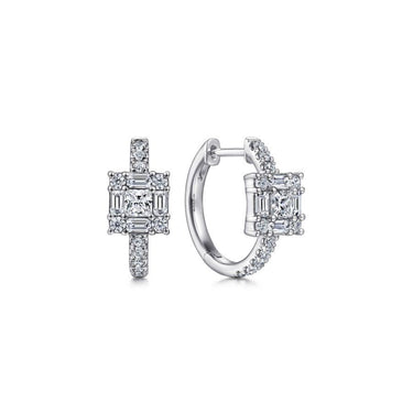White gold diamond huggie hoop earrings with emerald-cut center stones and pavé accents