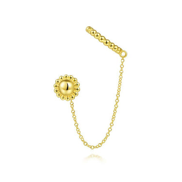 Gold beaded chain earring with floral stud and decorative cuff, minimalist jewelry design