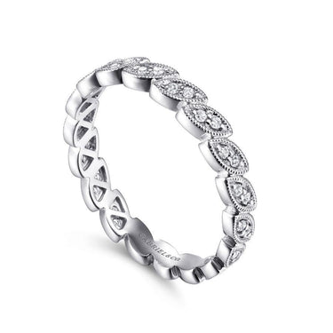 White gold diamond stackable band with marquise-shaped accents and milgrain detail