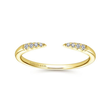 Yellow gold open band ring with diamonds on each end, engraved with Gabriel & Co.
